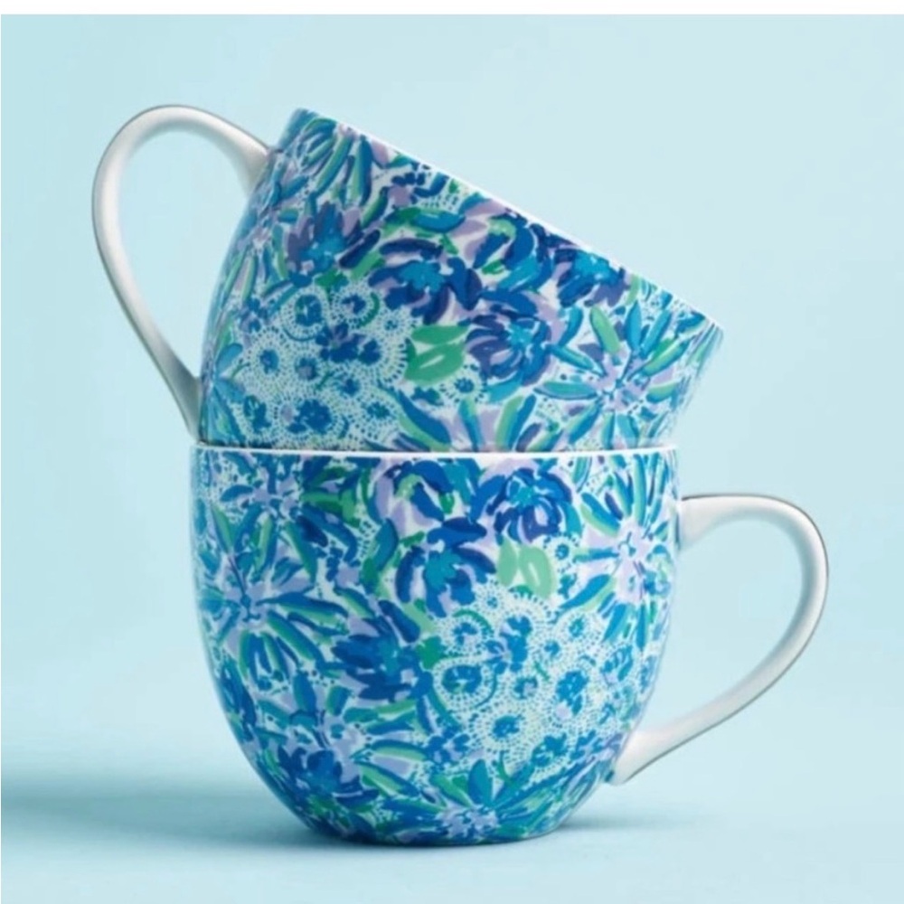 Lilly Pulitzer~High Maintenance~Coffee Mug~Floral~Blue~Gold Handle~Hidden Lion